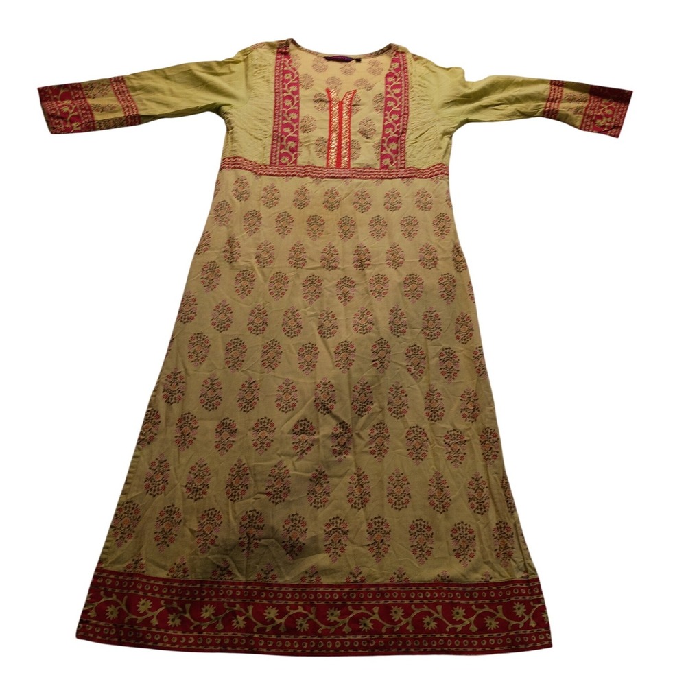 Srishti Women's Lime Green Floral Print Kurti Tunic Gold Sequin Accents S NWOT